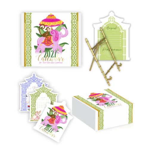 2027 Boxed Pagoda Calendar Set with gold bamboo easel and illustrated monthly calendar cards by TomTom & Co.